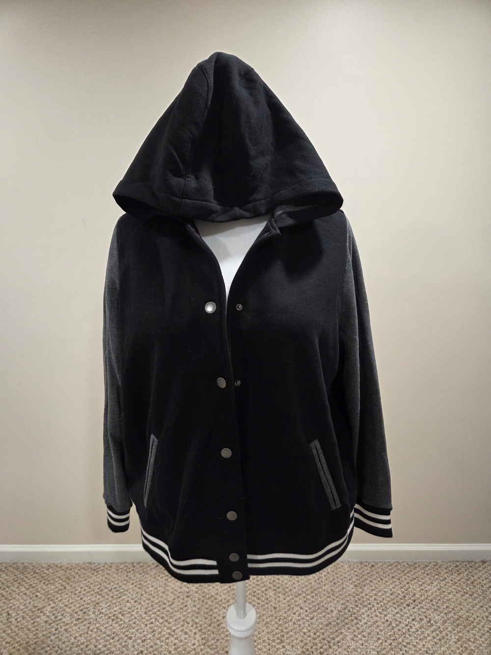 Torrid Black & Gray Hooded Varsity Bomber